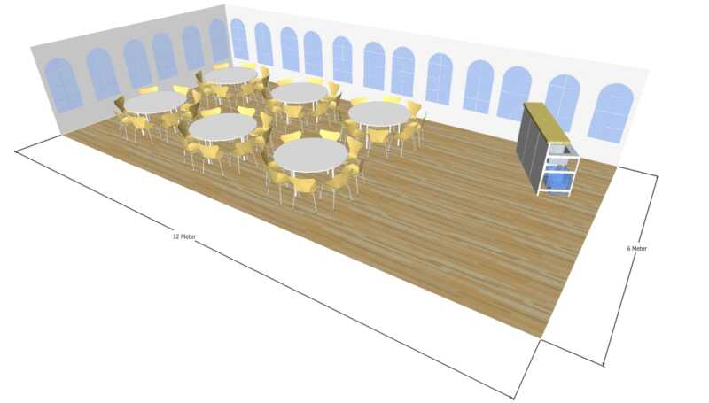 3D tegning af 6x12 meter telt med runde borde til fest og events i teltudlejning