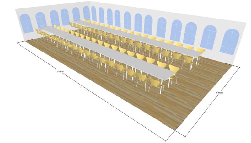 3D tegning af 6x12 meter telt med lange borde til fest og events i teltudlejning